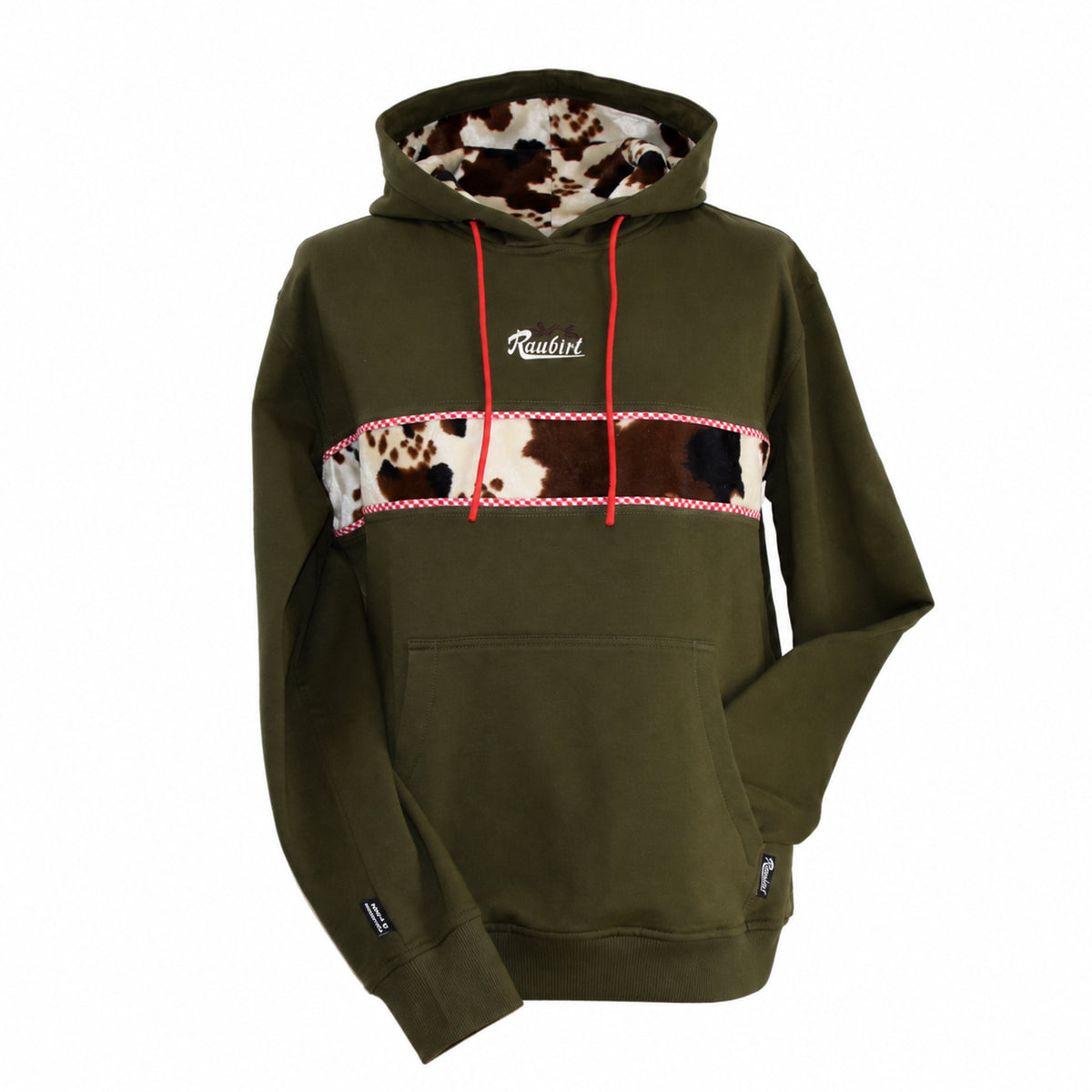 Olivefarbener Raubirl Hoodie Kuh mit Plüschkuh-Einsatz - Vorderansicht
