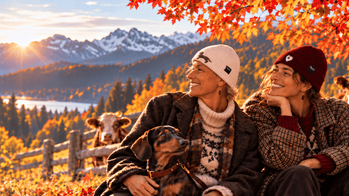 RAUBIRL Beanies mit Dackel- und Herzmotiv in herbstlicher Alpenlandschaft mit zwei Frauen und Dackel