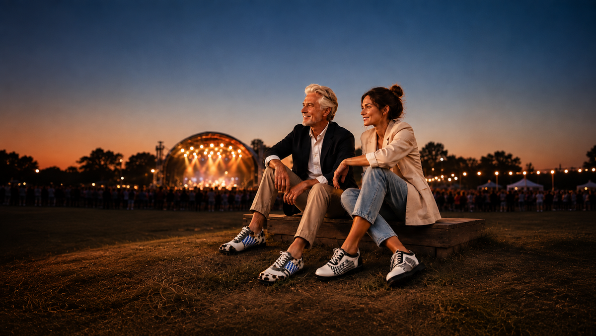 Mann und Frau mit auffälligen Raubirl Schuhen vor einer Konzertbühne bei Sonnenuntergang
