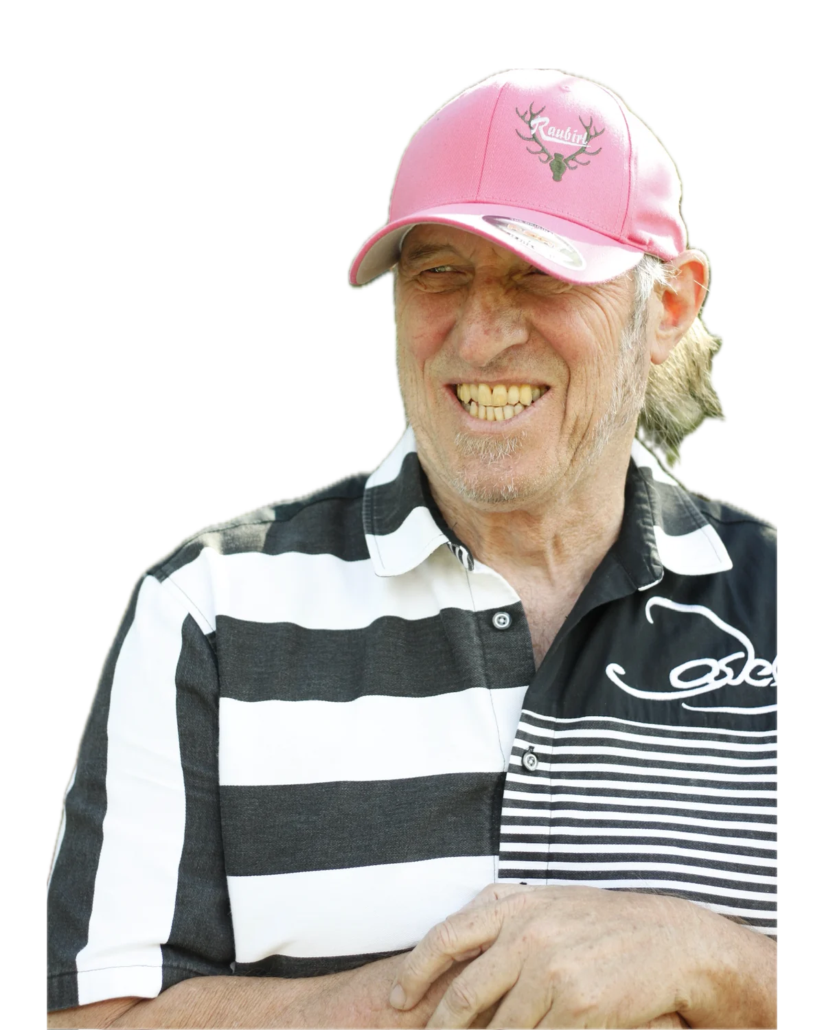 Portrait von Sepp von Raubirl mit pinker Cap und gestreiftem Shirt