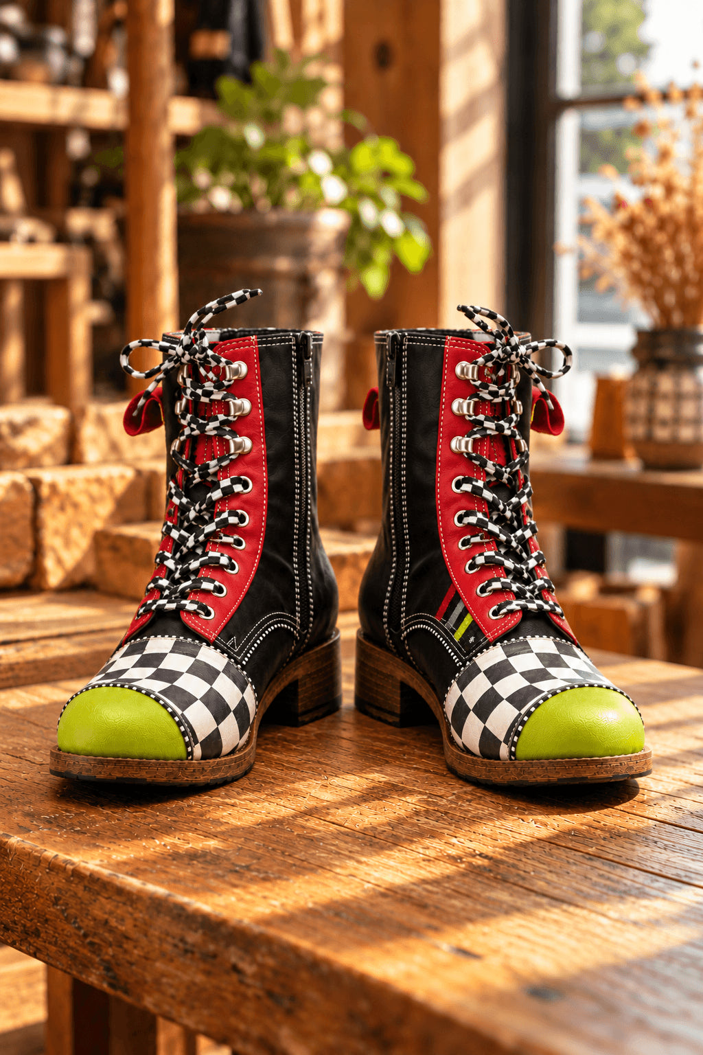 Raubirl Stiefeletten mit Karomuster, roten Details und grünen Zehenkappen auf Holztisch
